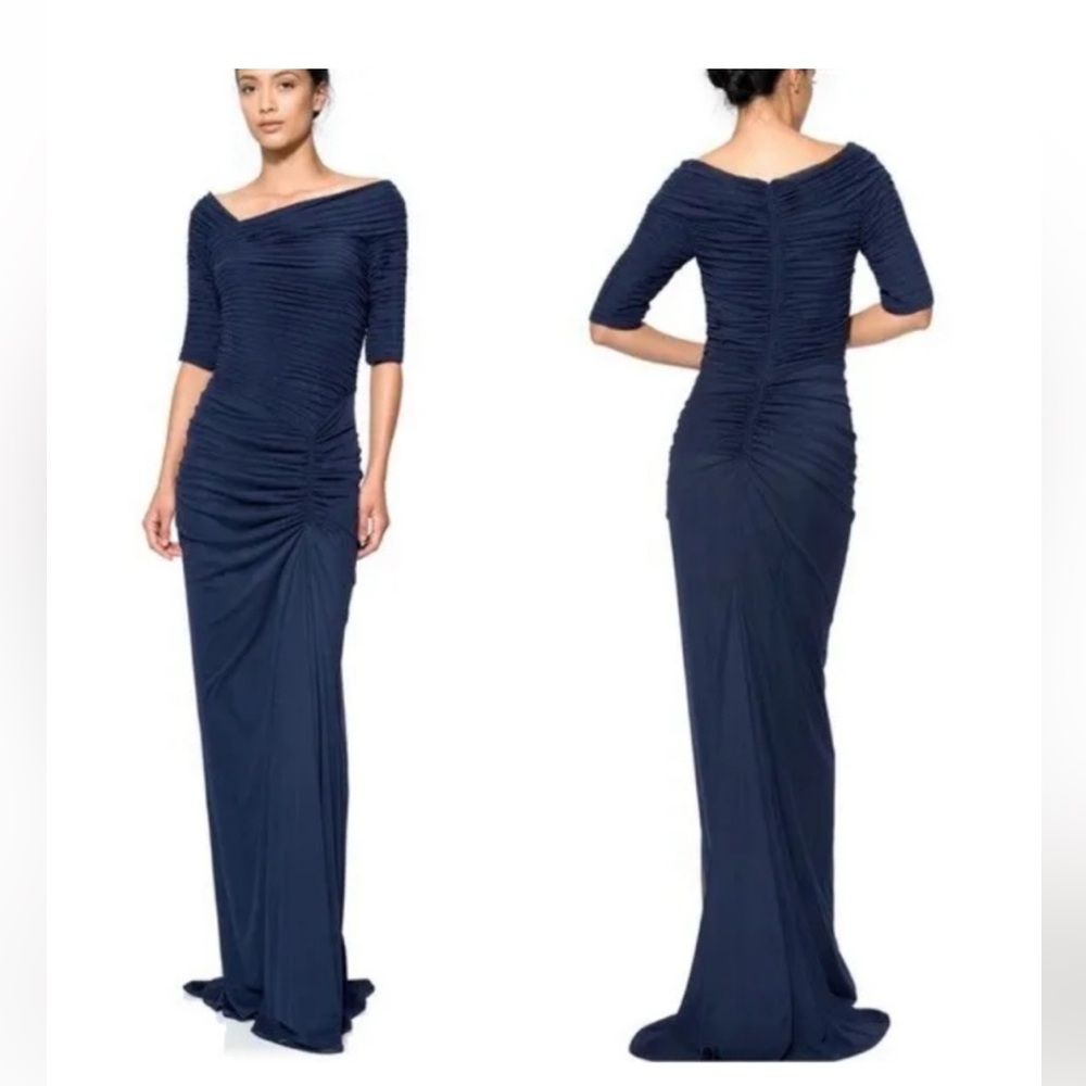 Tadashi Shoji Asymmetric Ruched Sleeve Gown- Size Medium
